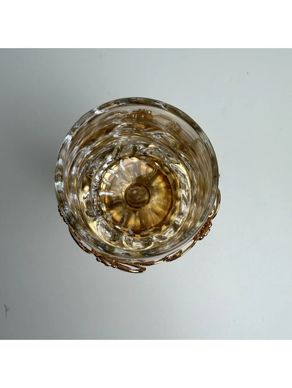 Gold Filigree Rhinestone Wine Goblet Floral Scrollwork Ornate Decorative Glass
